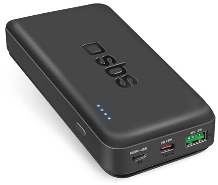 SBS Kompakte Powerbank, 20.000 mAh, tragbares Ladegerät Power Delivery 45 W, Ladegerät mit 2 USB-A- und USB-C-Anschlüssen, lädt Ihr Smartphone bis zu 8 Mal, Kabel im Lieferumfang enthalten, kann im