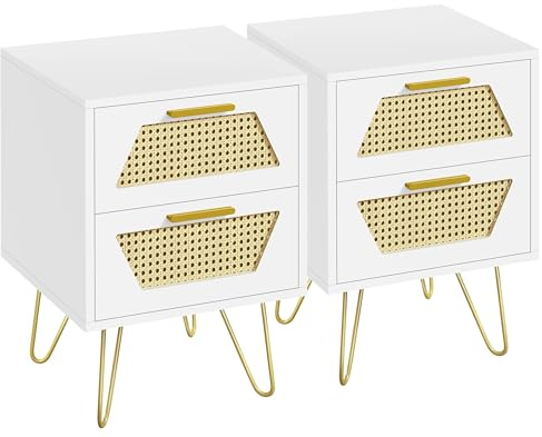 Yaheetech Nachttisch 2er Set Beistelltisch mit 2 Schubladen Rattan Nachtschrank Nachtkommode Metallbeine Sofatisch Couchtisch für Schlafzimmer, Weiß