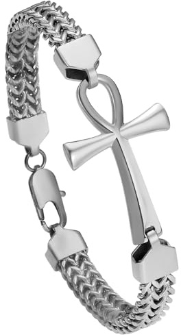 OIDEA Pulsera Cruz Ankh Hombre: Pulseras Plata de Cadena Doble Franco de Acero Inoxidable para Caballero Joyería del Antiguo Egipto Amuleto Hipoalergénico Antialérgico - Para Rezar Uso Diario Regalos