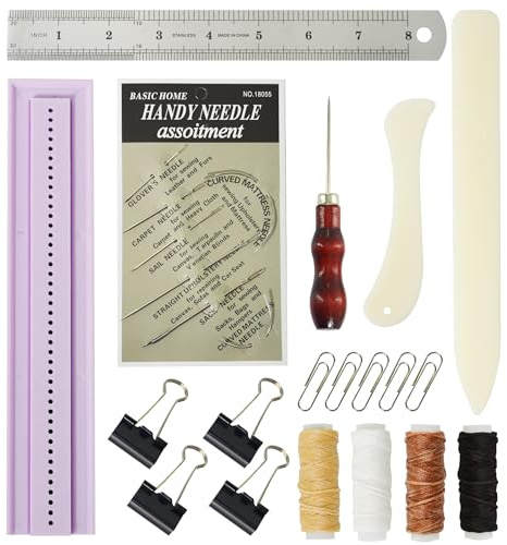 UPTTHOW 19 Pcs Signature Punching Tools, Awl, Cradle, Needle, Waxed Thread, Ruler, Bone Folder, Paper Clip, Plastic Easy Scrapbooking Kit for DIY Crafts, Notebook