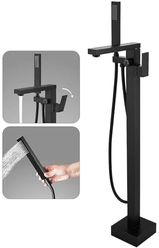 FAHKNS Tub Filler Freestanding Bathtub Faucet Matte Black Floor Mounted Tub Filler Faucet High Flow Brass Tap With Hand Shower