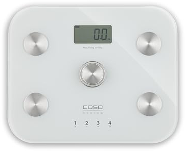 CASO Body Energy Fit - Báscula De Baño Digital de densidad ósea, aqua, grasa corporal y muscular, 4 perfiles de usuario guardables, Graduación de 100g precisión, Plataforma de Vidrio, 150kg, blanca