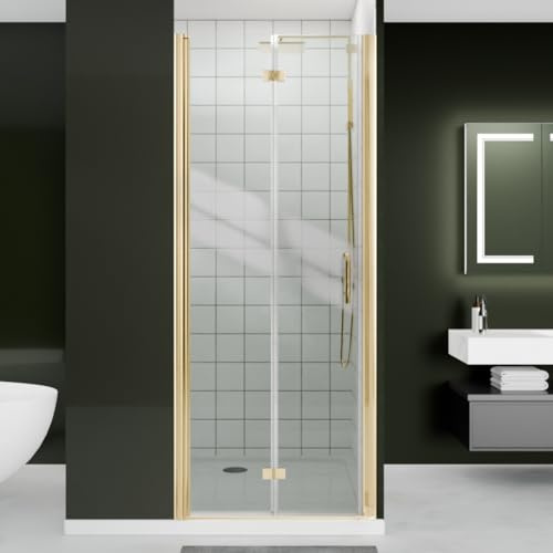 Comfystyle Puerta de ducha plegable, 30-31.9 pulgadas de ancho x 72 pulgadas de alto, puerta de ducha de vidrio templado de 1/4 pulgadas, puerta de ducha plegable, ajustable, acabado dorado cepillado