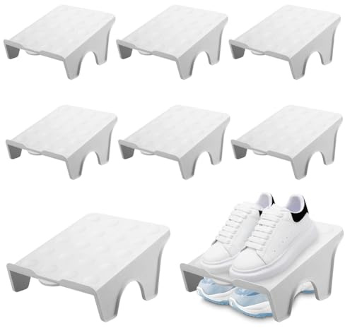 Kayuneed Set di 8 supporti antiscivolo per scarpe, organizer a doppio strato, 25 x 22 x 11,5 cm, per ingresso, corridoio, camera da letto, impilabile, salvaspazio, grigio