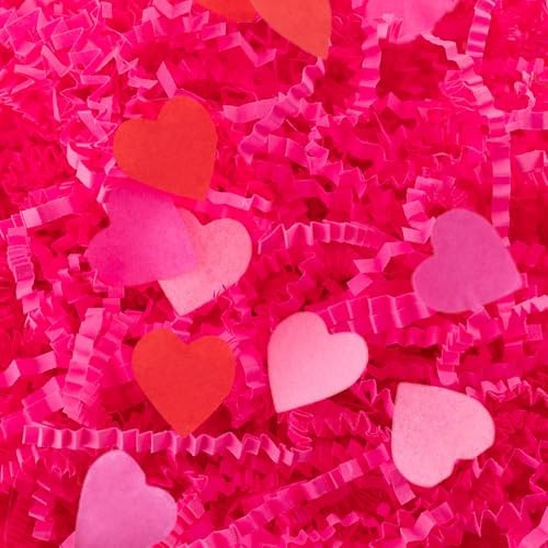 Jocomoni 1 pund alla hjärtans dag skrynkligt klippt papper strimlat fyllmedel rosa skrynkligt papper med hjärtkonfetti strimlat pappersfyllare, Raffia-papper för presentinslagning, hantverk