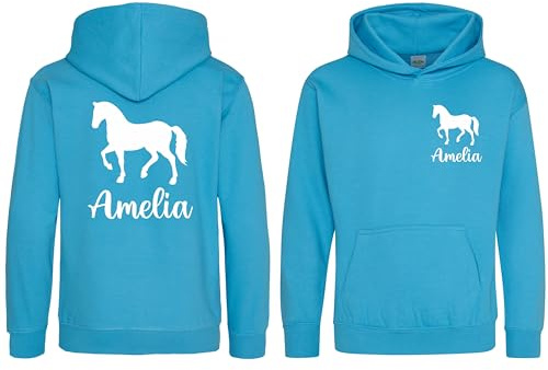 Girls Personalised Name Horse Riding Hoodie Pony Rider Club Sweatshirt Jacket (UK, Age, 9 Years, 11 Years, Regular, Hawaiian Blue)