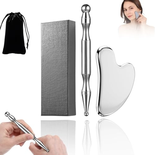 2in1 Edelstahl Gua Sha Stein und Akupressurstift Set, Akupunkturstift Set zur Lymphdrainage, Anti-Falten & anti-aging,lindert Muskelverspannungen, Akupressurstab mit zwei Enden für Augenmassage.