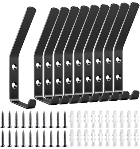 10 Piezas Gancho Pared, Ganchos Percheros de Pared con Tornillos, Metal Dobles para Abrigos, Ligero y Práctico Colgador Ropa Pared, para Dormitorio, Armario, Baño (Negro)