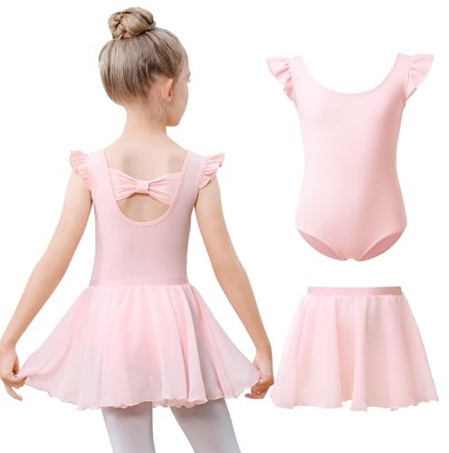 Kefiyis Ballet Leotard for Girls Flutter Sleeve Ballet Outfit Cotton Dance Leotard with Removable Skirt Ballerina Dress for 3-11 Years Pink 120
