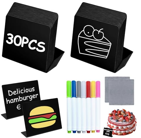 30 supporti per lavagnette, supporti per cartellini prezzi con 7 pennarelli a gesso 100x75mm piccole lavagne per scrivere a forma di L pratici accessori per cartelli buffet matrimonio festa segnaposto