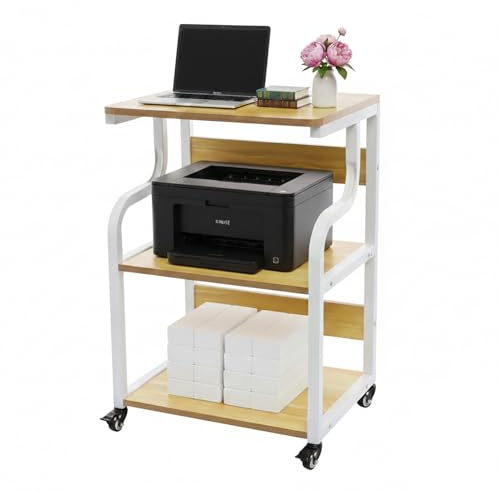 SanBouSi Mesa de impresora portátil de 3 niveles con ruedas, soporte para impresora con pared trasera de madera y metal, carro para impresora 3D, armario para fax, fotocopiadora, escáner