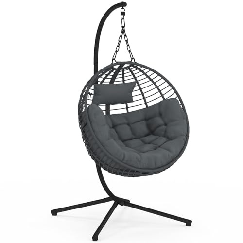 IDMarket - Fauteuil Rond Suspendu ajouré Effet rotin Gris avec Coussin Gris