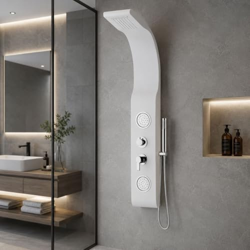 Yellowshop - Colonna Doccia Tessa Bianca o Nera in ABS con Cascata, Soffione Pioggia e Idrogetti Orientabili – Pannello Doccia Moderno con Doccetta Cromata e Flessibile (Bianco)