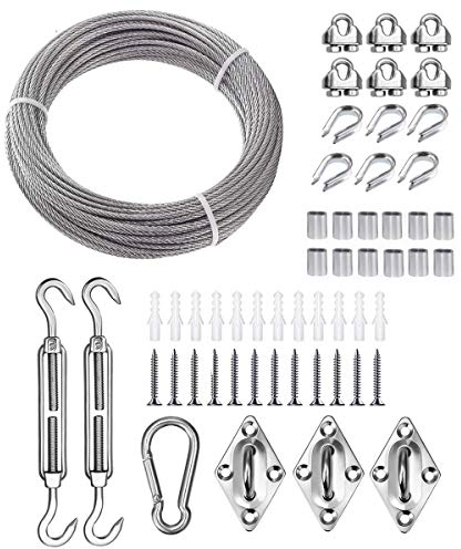 TooTaci Edelstahlseil 3mm Set, T316 Edelstahl Drahtseil 3mm, Stahlseil mit ösen,15M Stahlseil 3mm, M6 Seilspanner Edelstahl, Drahtseilklemme, Ösenplatten, Karabinerhaken, für Sonnensegel Dreieckig