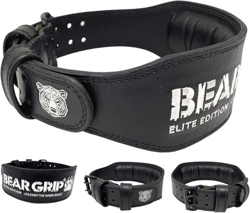 BEAR GRIP Power Belt – Elite Edition Leather Weight Lifting Belt for Men & Women, Double Prong Belt for Gym, Powerlifting, Deadlifts, Weighted Pull-Ups (L, Black - 4 Double Sided Leather Belt)