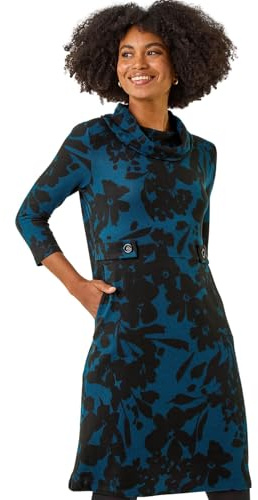 Roman Cowl Neck Dress for Women UK - Ladies Button Detail Shift Work Office Autumn Winter Knee Length Casual 3/4 Full Length Sleeve Round High Warm Neckline - Blue Multi - Size 16