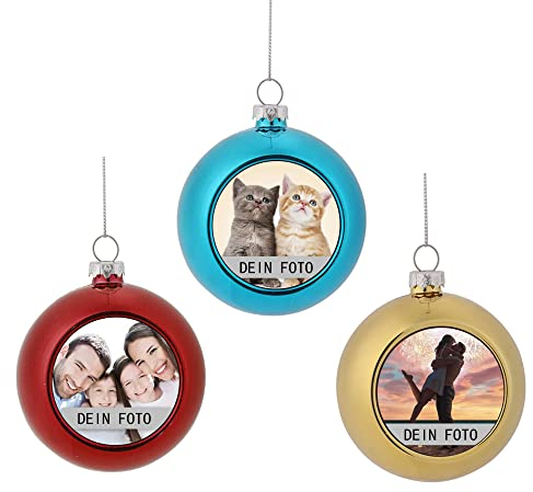 MilyaDE 3 Stück Weihnachtskugeln mit eigenem Bild, Kunststoff innen Glitzer Lametta 6cm, Christbaumkugeln Personalisierte selbst gestalten