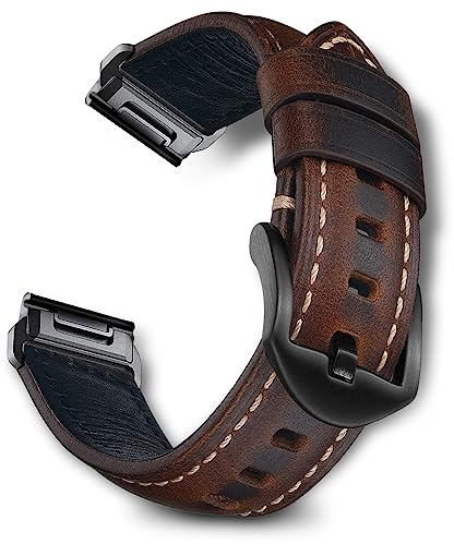 RoYiio Bracelet pour Garmin Fenix 8 47 mm/7 Pro/6 Pro/Quatix 8 47mm/Quatix 7Pro/Tactix 8 47mm Bracelet Rechange en Cuir Ciré à l'huile pour Descent G2/Fenix E/Marq/Epix 2 (QuickFit 22mm, Marron Foncé)