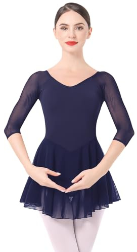 Odizli Ballettkleidung Damen 3/4 Ärmel U Rücken Ballett Trikot Body Bodysuit Tanzbody Tanztrikot Turnanzug Ballerina Gymnastikanzug Chiffon Tütü Ballettrock Ballettkleid Dunkelblau L