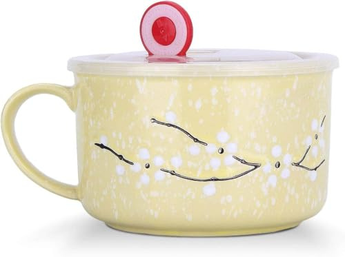 Biigming Tazza Grande in Ceramica con Coperchio e Manico tazza XXL 800ml per la Colazione Noodle Fiori di Ciliegio Tra la Neve per Insalata e Cereali (Giallo)