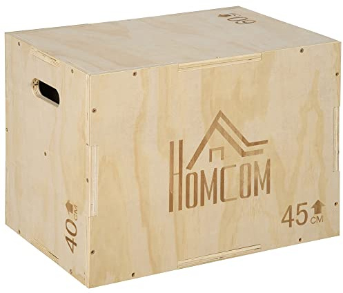 HOMCOM Box Jump a 3 Altezze Regolabili per Casa e Palestra, Plyo Box in Legno di Faggio, 45x40x60 cm, Color Legno