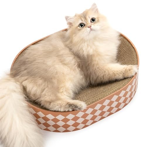 Conlun Katzen-Kratzbrett, Ovales Kratzpappe für Katzen, 2-in-1 Design aus Naturkarton, Kratzsofa-Lounge mit geschlossenem Krümelboden,Sofort nutzbar – Keine Montage,Stylische Farben für jedes Zuhause