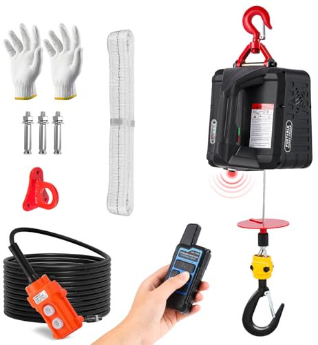 NEWTRY 3 in 1 Paranco elettrico 1500W, argano elettrico portatile da 500KG con finecorsa a infrarossi migliorato, sollevamento verticale e orizzontale, telecomando da 120M con CE