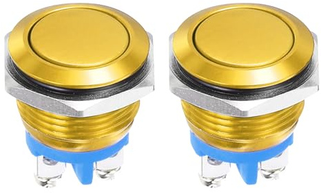 DMiotech Interrupteur Momentané À Bouton-Poussoir 19mm / 3/4, IP66 1NO 0-250V 5A Avec LED, Tête Plate En Alliage D'Aluminium Doré, Auto-Rétablissement, 2 Pièces