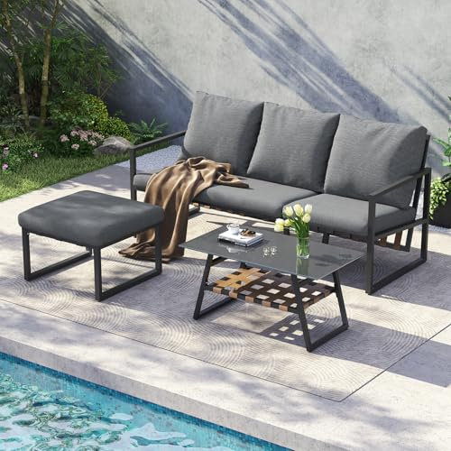 Neegaurd Lounge Gartenmöbel Set Metall Wetterfest Grau Balkonmöbel für 3-4 Personen Ecksofa Balkon Klein Gartenlounge Sitzgruppe mit 3er Sofa, Hocker, Kissen und Glastisch, Terrassenmöbel (A)