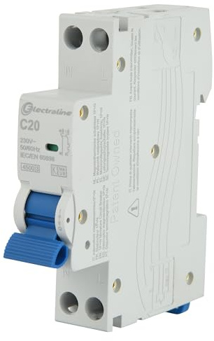 Electraline 87003 Interruptor magnetotermico de 20 A, curva C (protección óptima contra sobrecorrientes y cortocircuitos), 1P+N, 4,5 kA, 240 V, certificado CE, KEMA-KEUR y UKCA