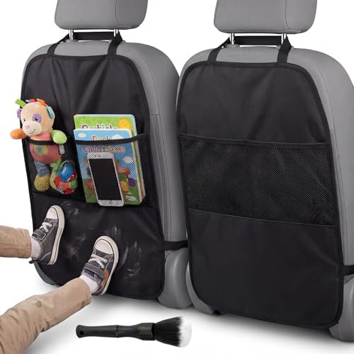Protezioni per sedile posteriore dei sedili auto con spazzola per la pulizia – 2 tappetini resistenti per bambini, protezione per lo schienale del sedile posteriore dell'auto, doppio fisso
