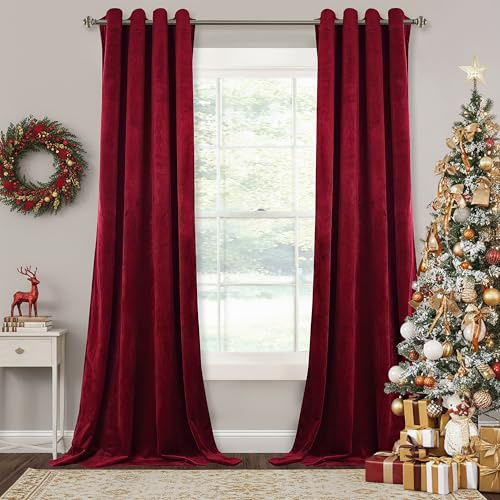 StangH 108-inch Long Velvet Curtains - Luxurious Velvet Fabric Room Darkening Draperies Decorative Large Backdrops for Home Theater/Sliding Glass Door, Red, W52 x L108 inches, 2 Panels