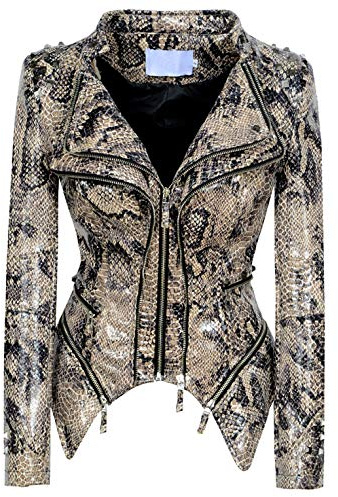 chouyatou Women's Fashion Snake Pattern Print Studded Moto Pu Leather Biker Jacket (XX-Large, Snake-Skin)