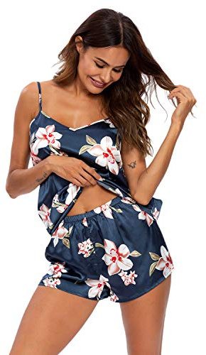 GOSO Pijama de satén para Mujer con Sin Mangas y Cortos Pantalones Ropa de Dormir Conjuntos Pijama para Mujer de salón Suave