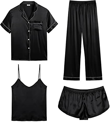 SWOMOG Womens Silk Satin Pajamas Sets 4pcs Sleepwear Sexy Cami Shorts Set and Button Down Short Sleeve Pjs Loungewear Black Medium