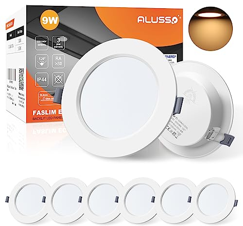 ALUSSO® LED Einbaustrahler 230V Ultra Flach 9W 690LM LED Spots Badezimmer, 3000K Warmweiß Deckenspots IP44 Einbauleuchten für Wohnzimmer Küche, Durchmesser 145MM, Lochmaß 120-130MM, 6er Set