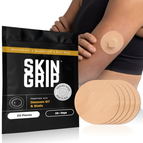 Skin Grip Adhesive Patches Compatible with Dexcom G7 & Stelo CGM – Waterproof & Sweatproof Cover for Continuous Glucose Monitor Sensor, Stays Secure for 10-15 Days – 20 Pack, Tan