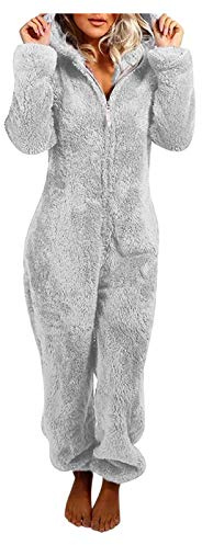 Combinaison d'hiver pour femme - Pyjama d'hiver chaud et douillet en peluche avec capuche - Une pièce - En polaire - Combinaison douce pour femme - Grande taille, argenté, XL