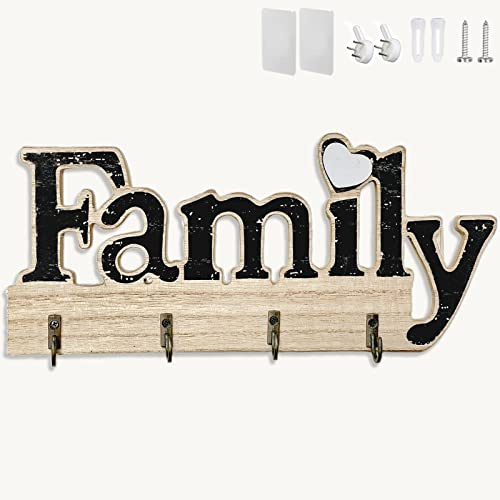 Echehi Wooden Home Decoration Key Holder, Self Adhesive or Drilling 3 Ways Installation Key Rack, Key Hooks Wall Mounted, Key Holder for The Home(Black)