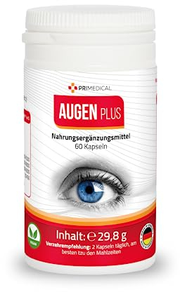 AUGEN PLUS AUGENVITAMINE KAPSELN MONATSPACKUNG mit LUTEIN 25mg + ZEAXANTHIN 10mg je Tagesdosis, BETA CAROTIN, ZINK, VITAMIN D3 + B12 - vegan glutenfrei laktosefrei Primedical 1 x 60 Kapseln