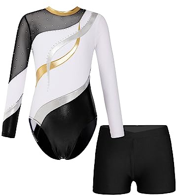 CHICTRY Kids Girls Sparkly Rhinestones Long Sleeve Gymnastics Dance Leotard Bodysuit Biketard Top with Shorts Set Swimwear White 11-12 Years