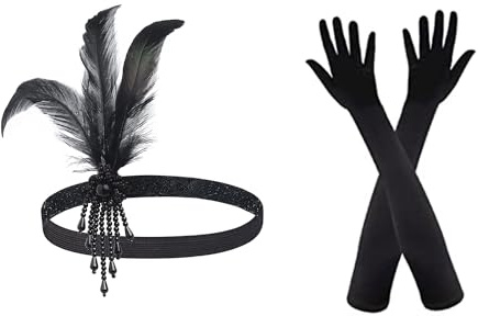 SKHAOVS 1920s Flapper Headband, 1920s Accessories for Women, Black Elbow Gloves Beaded Gatsby Headpiece, Great Gatsby Costume Accessories, Long Evening Gloves for Halloween Costume Prom Party (2 Pcs)