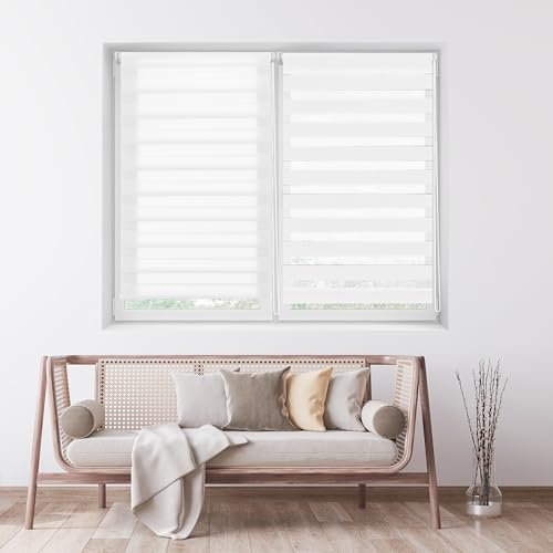 ECOMMERC3 Doppelrollo Nacht und Tag ohne Bohren Größe 60x220 - Easyfix Rollo OHNE Werkzeuge Stoffgröße 57x215 - Doppelrollo Nacht und Tag Weiß