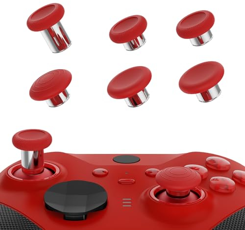 eXtremeRate 6 in 1 Magnetic Metall Thumbsticks Austauschbare Joysticks Analogsticks Kappen Tasten Set für Xbox Elite Series 2 & Series 2-Core Controller-Rot&Silber