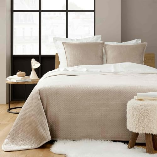 Douceur d'Intérieur, Couvre-Lit Matelassé (220 x 240 cm) et 2 Taies d'oreiller (60 x 60 cm) Mylène Lin, Velours Relief avec Sherpa