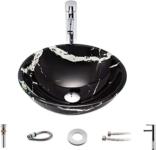 IBOWZ Ceramic Bathroom Sink Tempered Glass Vessel Sink, Hand Painted Art Countertop Basin With Waterfall Faucet Mounting Ring And Water Drain Set, Washstand Sink 420X420X145mm For Family Hotel