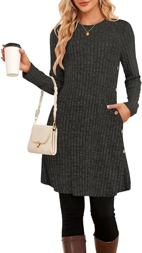 SENBATU Abito Maglione da Donna Abiti a Maniche Lunghe per Donna Abito a Tunica con Bottoni Laterali con Tasche Grigio Scuro Medium