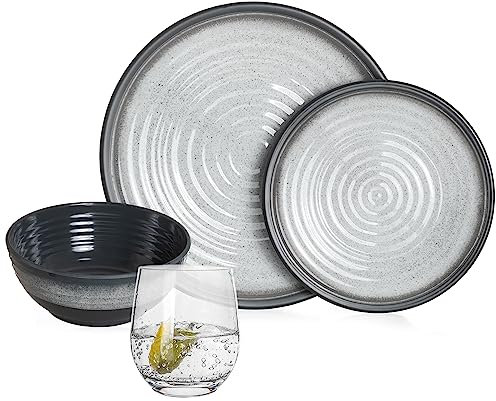 Vaisselle de camping en mélamine pour 4 personnes Gris pierre + 4 verres à eau Timo Vaisselle de table pique-nique BBQ Batterie de cuisine