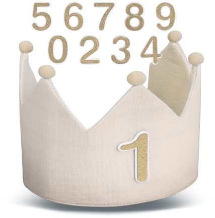 Moorle Geburtstagskrone für Jungen & Mädchen, 1-10 Jahre, Krone mit austauschbaren Zahlen, Beige