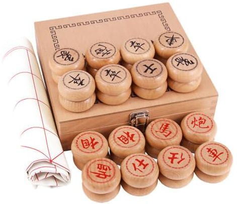 Juego de ajedrez chino de madera de haya Xiangqi, 4 cm de diámetro, con tablero de ajedrez y caja de madera